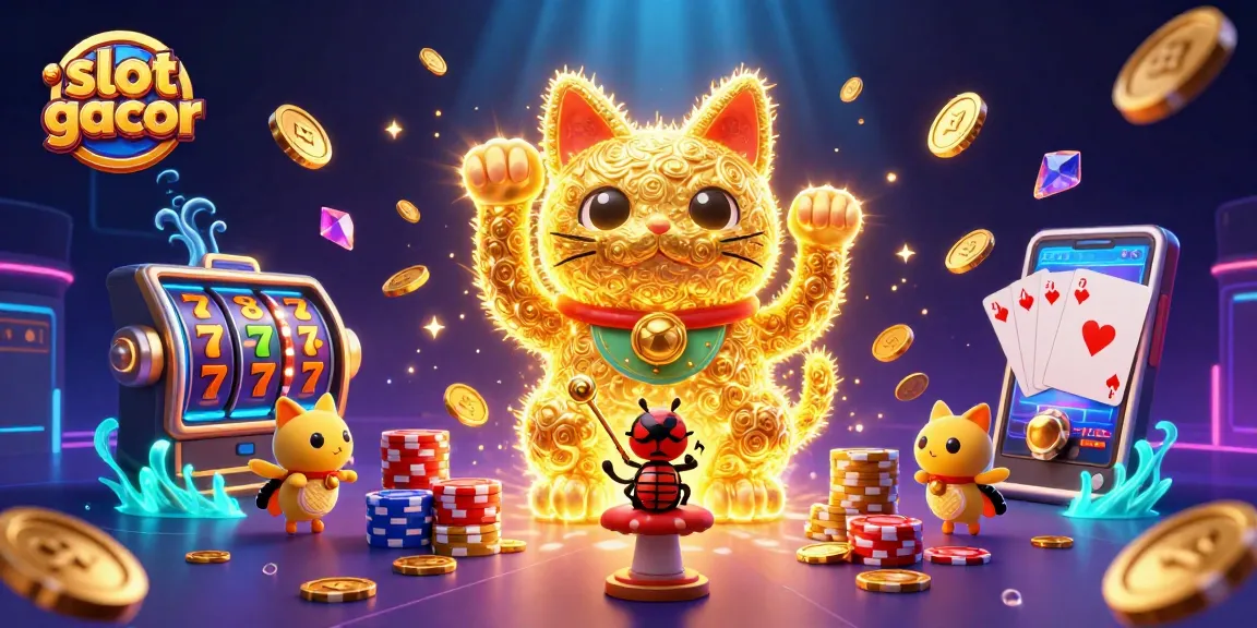 Experience the excitement of slot gacor with a dynamic scene of a lucky cat and casino symbols.
