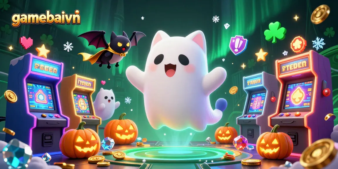 Gamebaivn hosts an exciting haunted casino scene with playful ghost cat and bat.