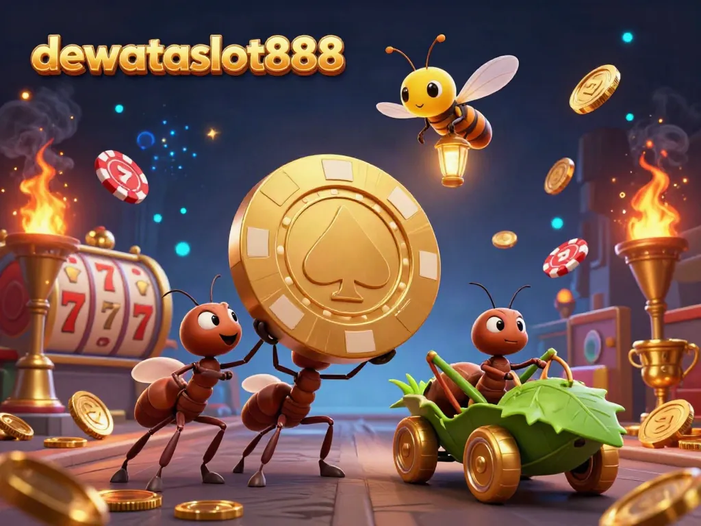 Permainan seru di dewataslot888 dengan tim semut animasi mencuri chip poker emas besar, dikelilingi oleh elemen kasino.