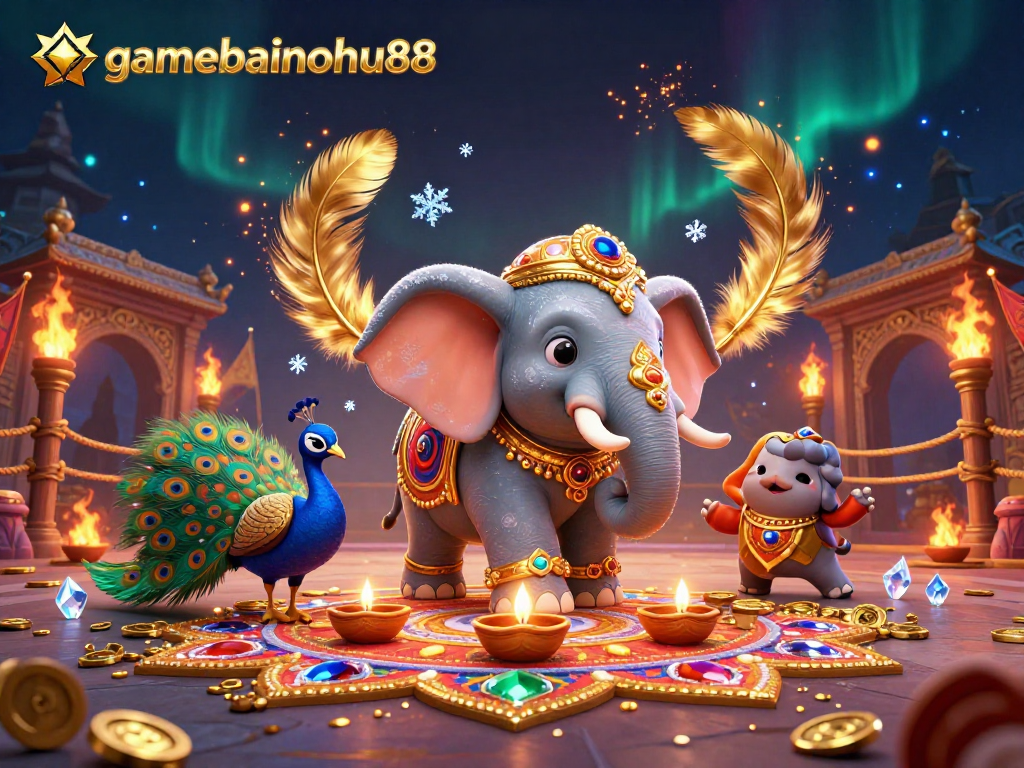 Enhance your gamebainohu88 experience with vibrant visuals featuring an elephant, peacock, and dynamic casino elements.