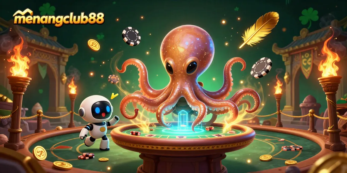 Experience thrilling poker action at menangclub88 with an alien octopus and robot at a holographic table.
