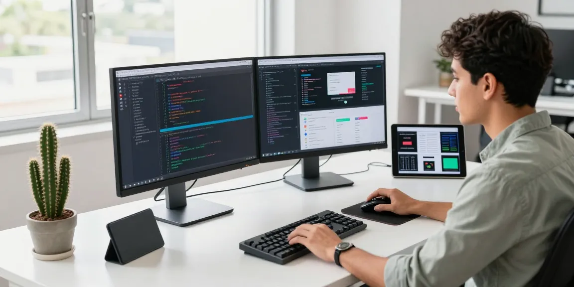 Desarrollador trabajando en hosting en México, rodeado de tecnología moderna y naturalidad.