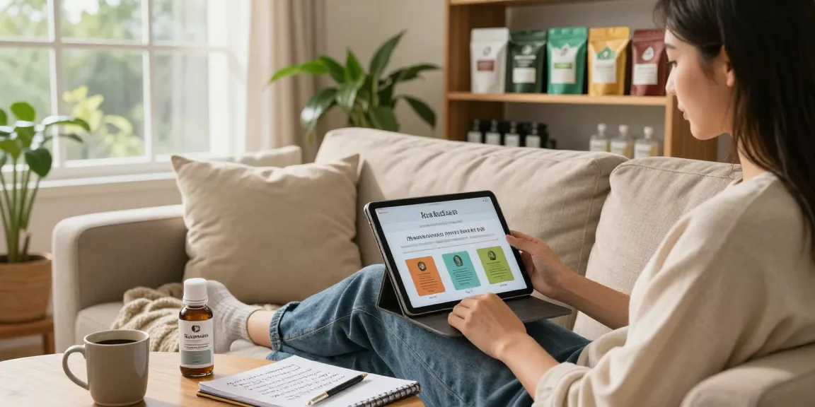 Exploring the best kratom brands 2026, a person browses kratom products at home, surrounded by eco-friendly packaging and cozy decor.