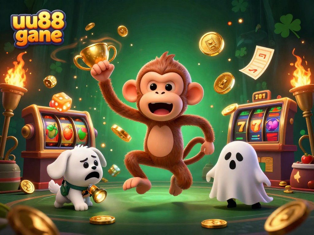Experience uu88 gane action with a playful poltergeist monkey and haunted casino elements in a vibrant scene