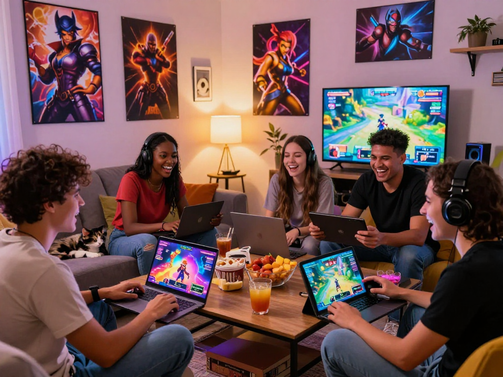 Engaged friends playing sex games on various devices in a cozy living room.