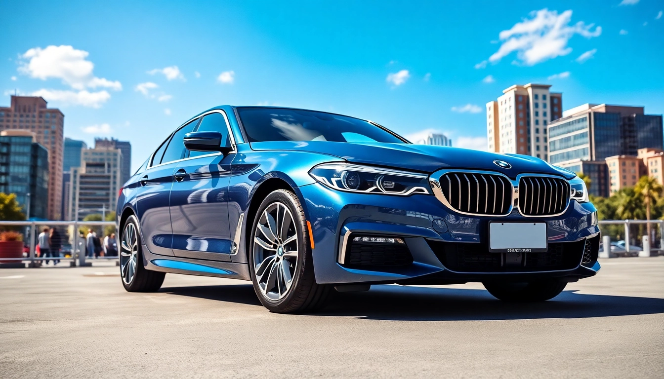 Admire the Luxury BMW car showcasing its sleek design and premium features in an urban environment.