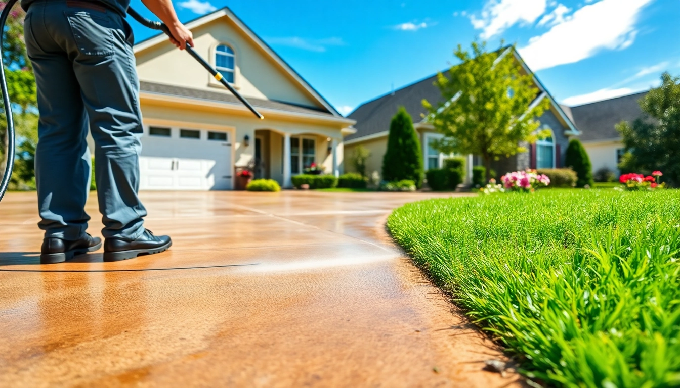 Driveway cleaning being performed by a technician to restore the shine of concrete.