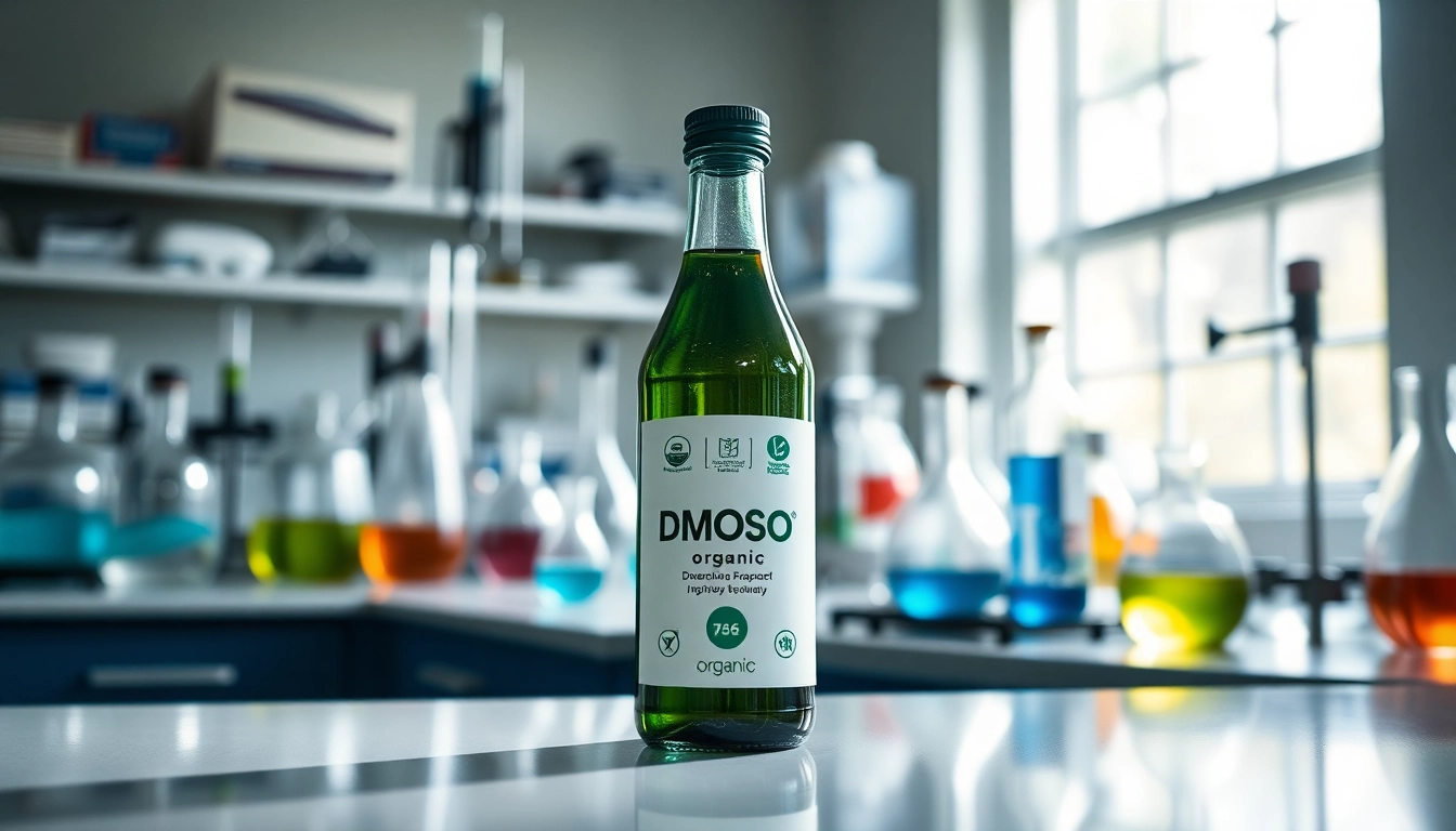 Showcase DMOSO organic bottle in a professional lab, emphasizing purity and science.