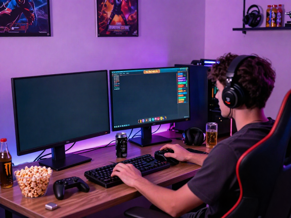 Engaged player enjoying สล็อตเว็บตรง gaming experience with colorful visuals and snacks.