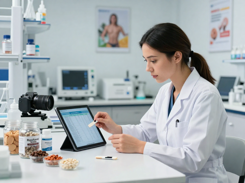 Nutritionist examining TB 500 Benefits in modern lab with innovative peptide strips