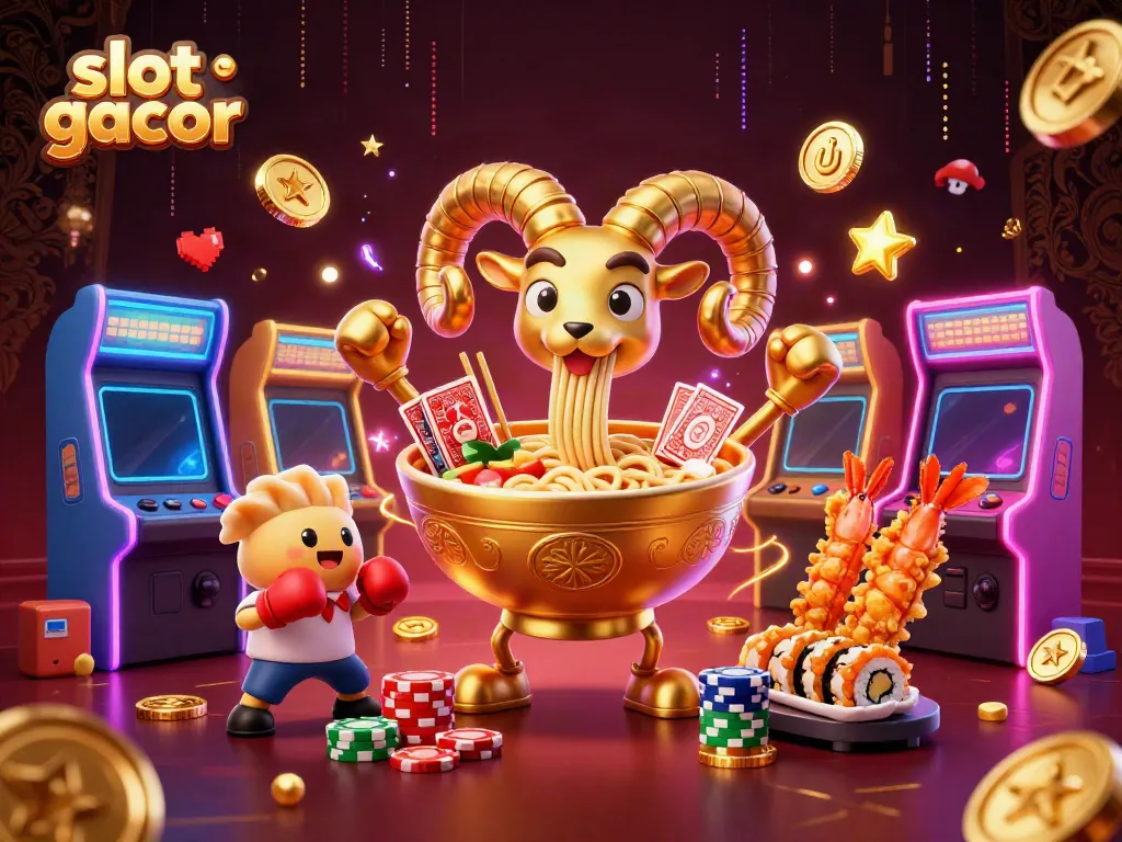 Experience slot gacor excitement with a vibrant 3D casino scene featuring animated characters.