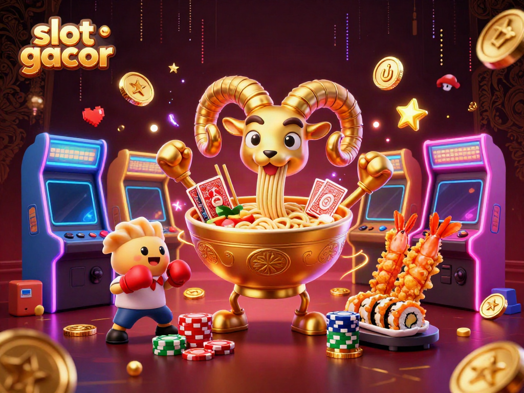 Experience slot gacor excitement with a vibrant 3D casino scene featuring animated characters.