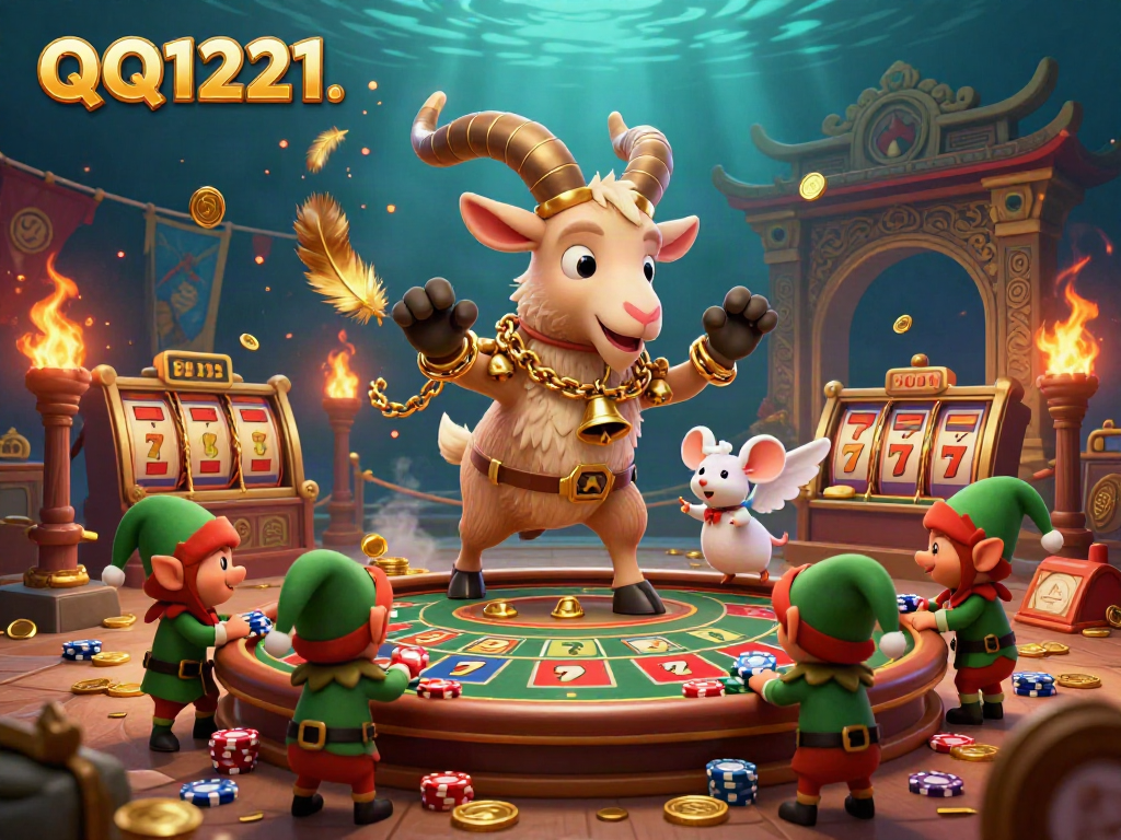 Engage with QQ1221 in a dynamic casino scene featuring whimsical characters and exciting slot elements.