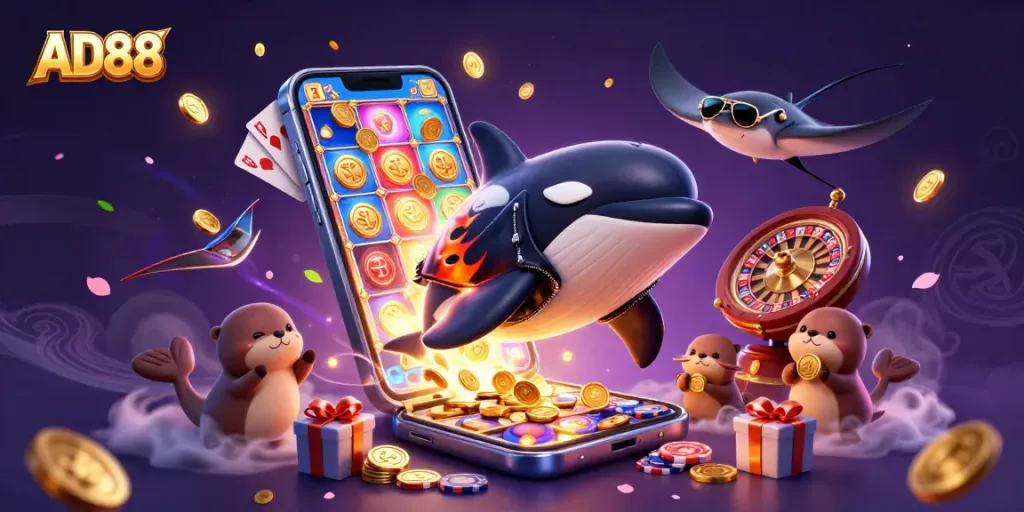 Engage with AD88's vibrant casino scene featuring playful characters and exciting gaming elements.