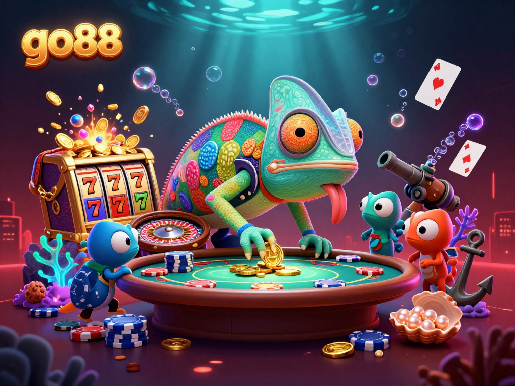 Engage with the dynamic energy of go88's colorful casino scene featuring a chameleon and vibrant gaming elements.