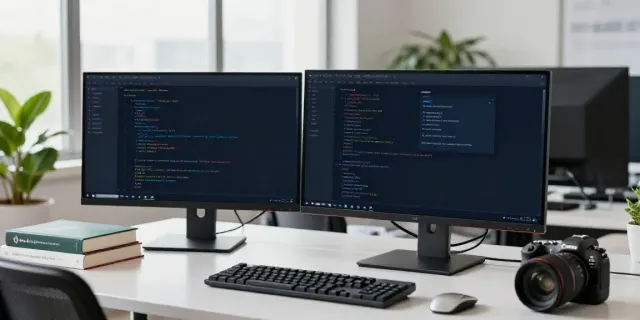 Developer managing v2rayN application in a modern workspace with dual monitors