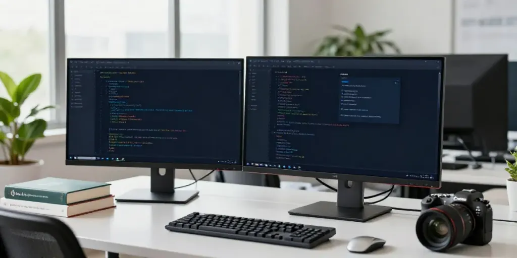 Developer managing v2rayN application in a modern workspace with dual monitors