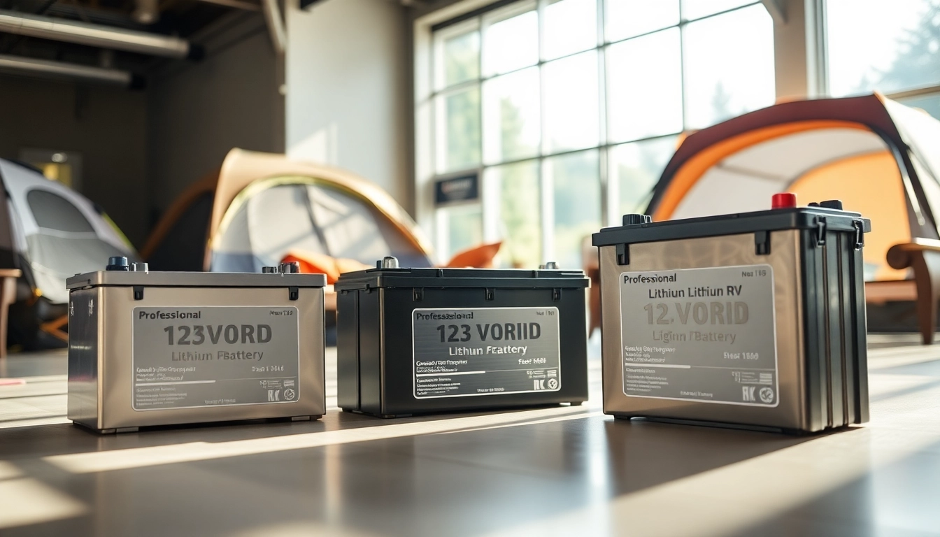 Showcase high-performance lithium RV batteries in a bright showroom setting.
