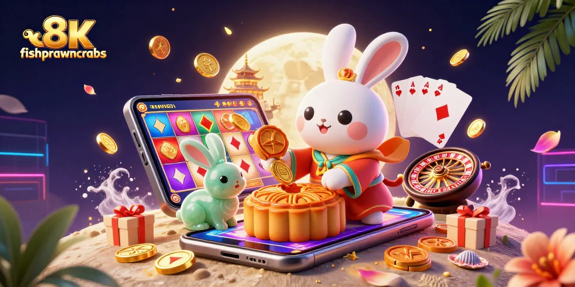Win with fishprawncrabs in a vibrant 3D casino scene showcasing moon rabbits and slot elements.