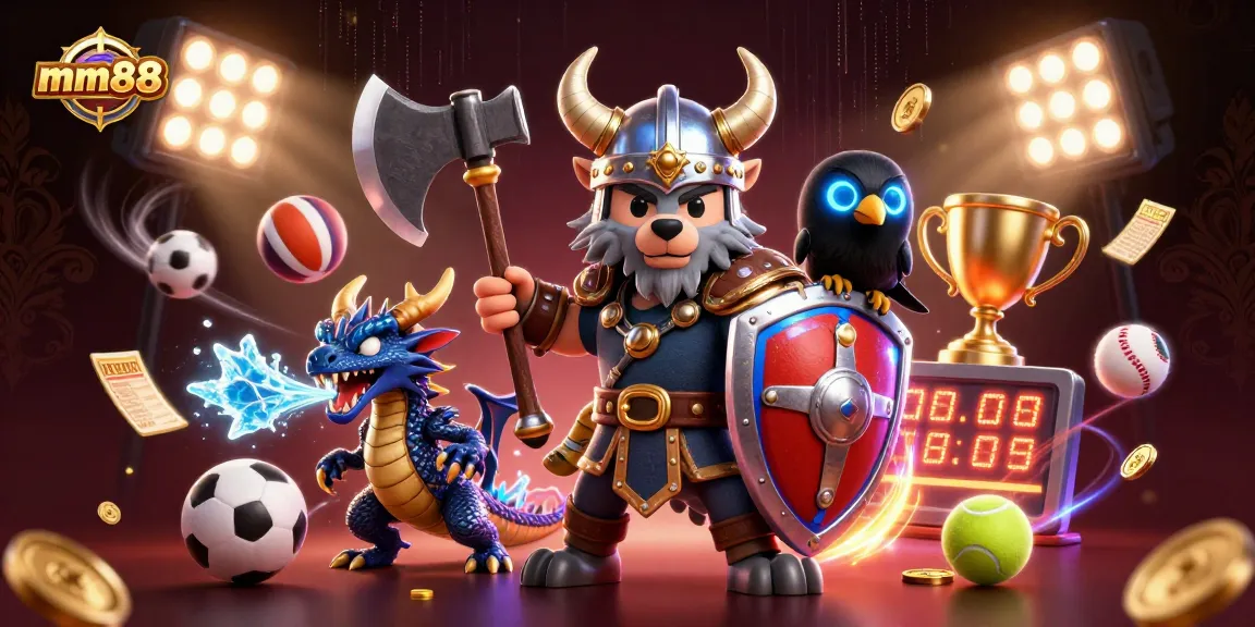 Experience winning excitement at mm88 with a vibrant scene featuring a Viking wolf warrior, dragon, and sports betting elements.