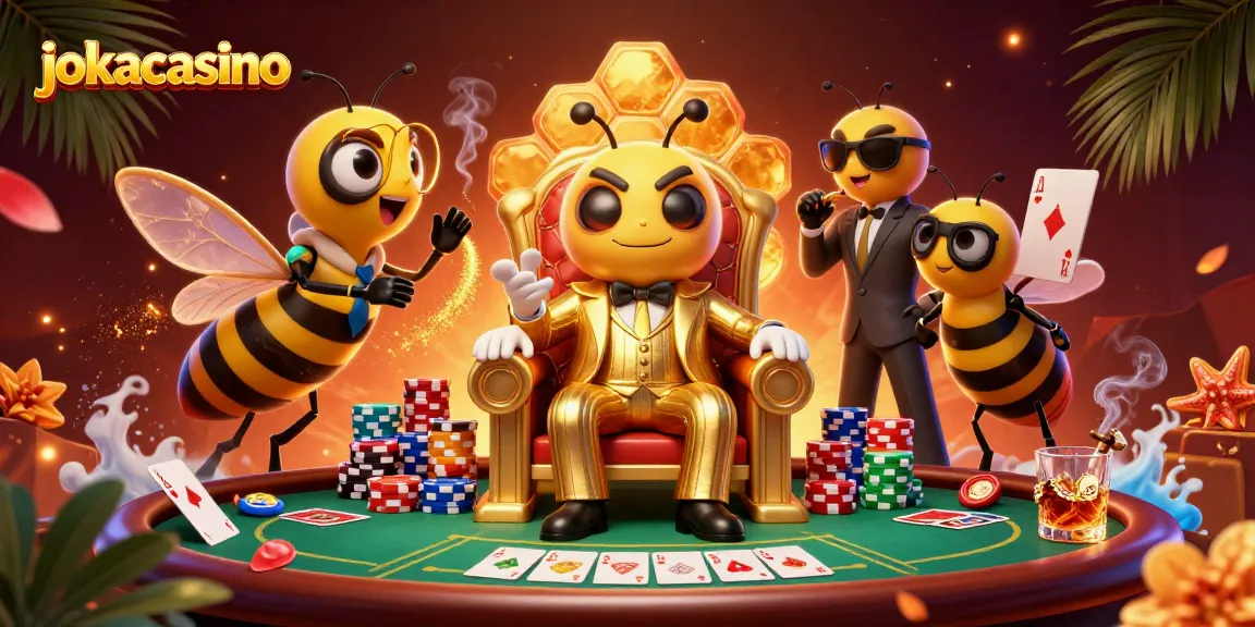 Experience the thrills at jokacasino with a lively 3D scene featuring a bumblebee mob boss and poker ambiance.