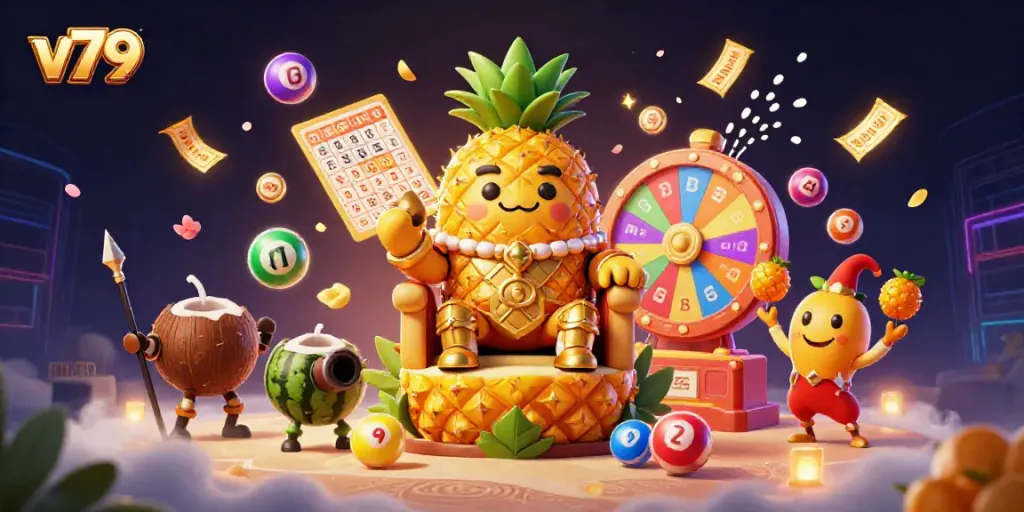 Experience the vibrant world of v79 with dynamic casino characters amidst a tropical beach backdrop.
