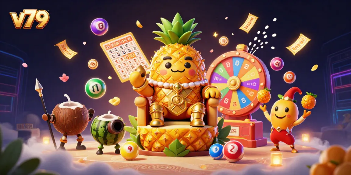 Experience the vibrant world of v79 with dynamic casino characters amidst a tropical beach backdrop.