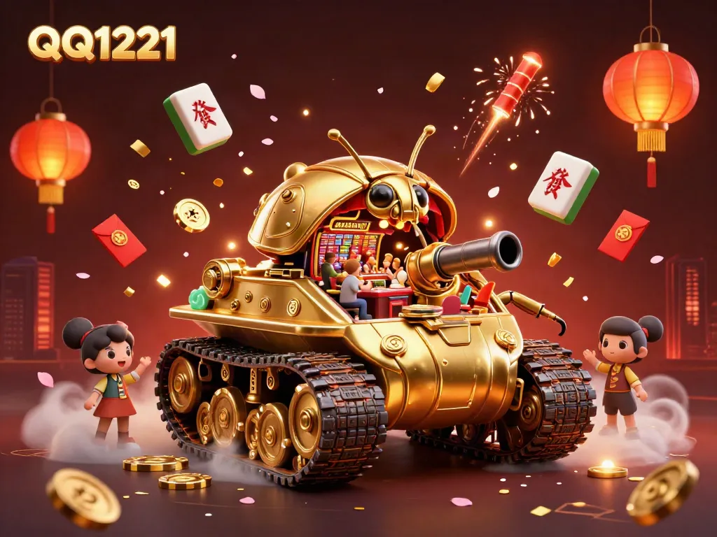 Experience the excitement of QQ1221 with a vibrant 3D casino tank bursting with confetti and game elements.