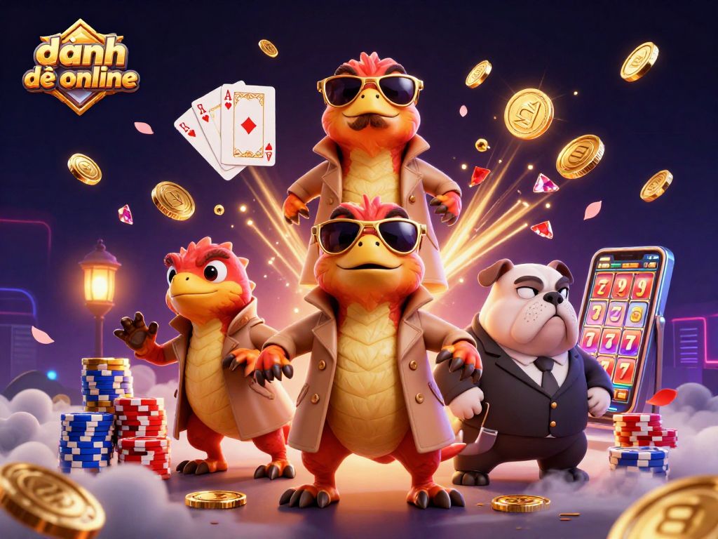 Experience thrilling đánh đề online action with playful animated raptors in a lively casino scene.