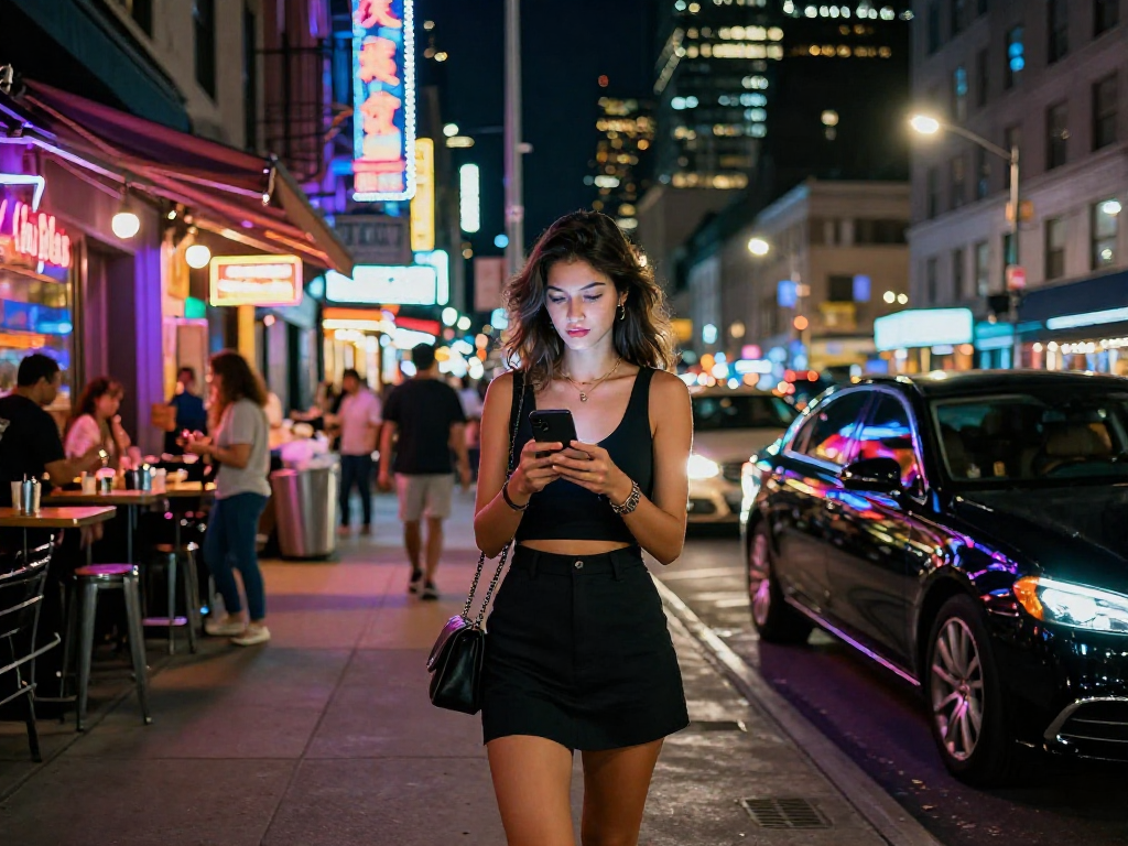 Gái gọi trong đêm phố sôi động, đầy ánh đèn neon và không khí trẻ trung.