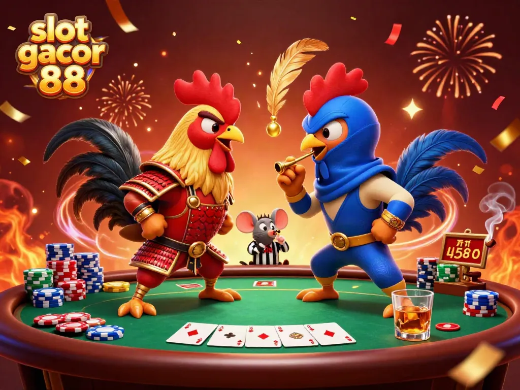 Experience the thrill of slot gacor 88 with dynamic roosters in a casino showdown, vibrant colors.