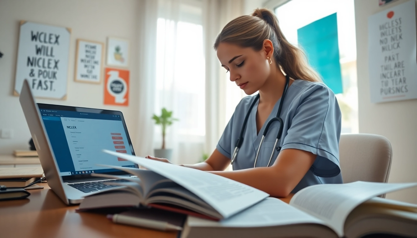 Focused nursing student studying for Past Nclex fast with books and laptop in a cozy study.