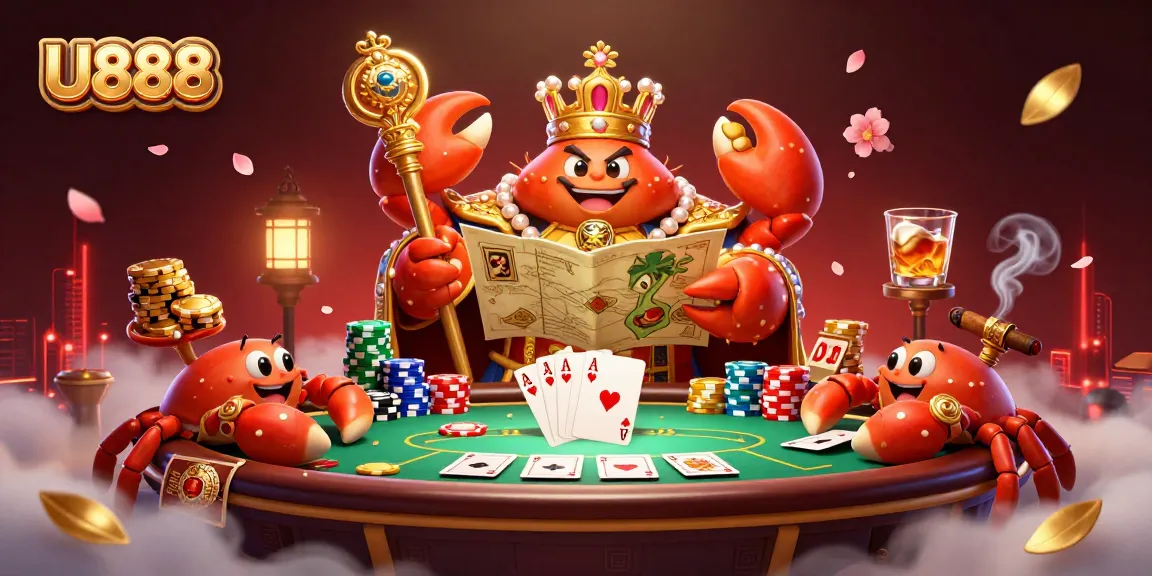 Engage with U888, the online casino featuring a golden crab emperor amidst a vibrant poker scene filled with action.