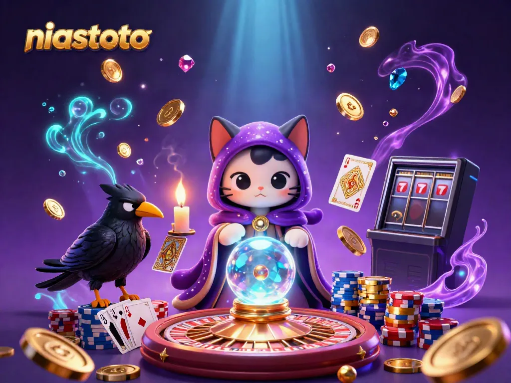 Engage with niastoto's dynamic casino scene featuring a mystic fortune teller cat surrounded by golden gaming elements.