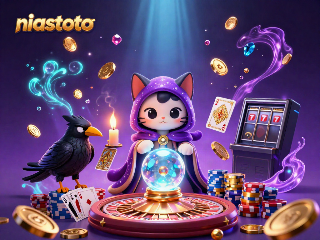 Engage with niastoto's dynamic casino scene featuring a mystic fortune teller cat surrounded by golden gaming elements.