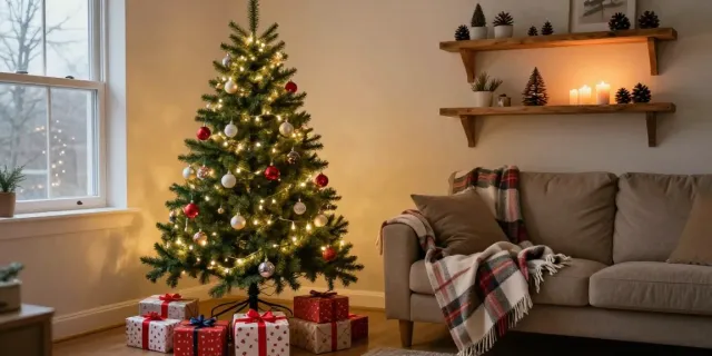 Elegant slim Christmas tree in a cozy living room, adorned with lights and ornaments.