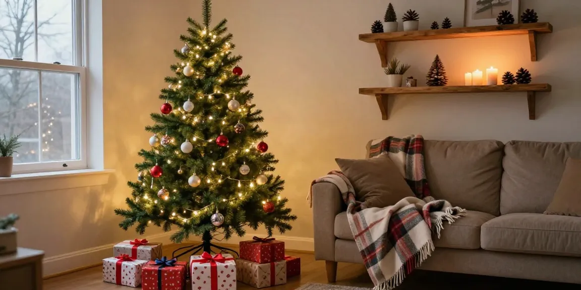 Elegant slim Christmas tree in a cozy living room, adorned with lights and ornaments.