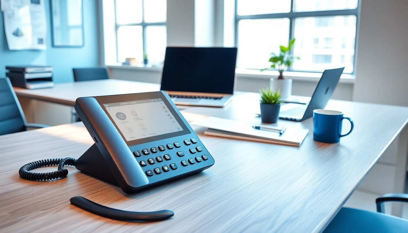 Explore phone systems for small business in a modern office setup with sleek devices.