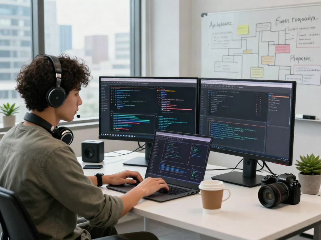 AI Detector in a modern tech workspace with coding on dual monitors and inspiring city view.