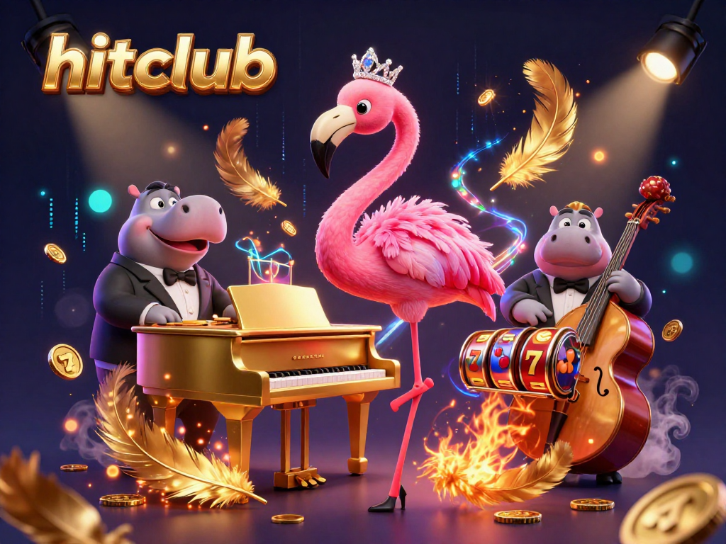 Experience the vibrant energy of hitclub with a lively 3D casino scene featuring a flamingo and hippo performers.