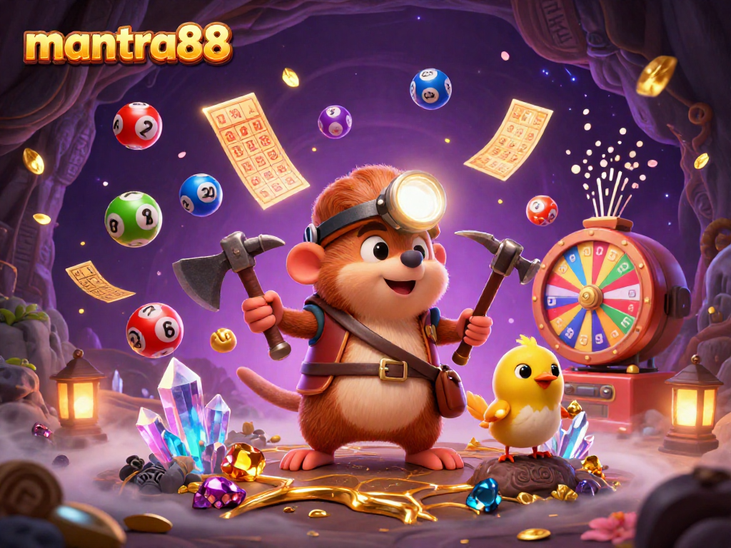 Experience mantra88 with a treasure hunter mole discovering gems and lottery surprises in an engaging scene.