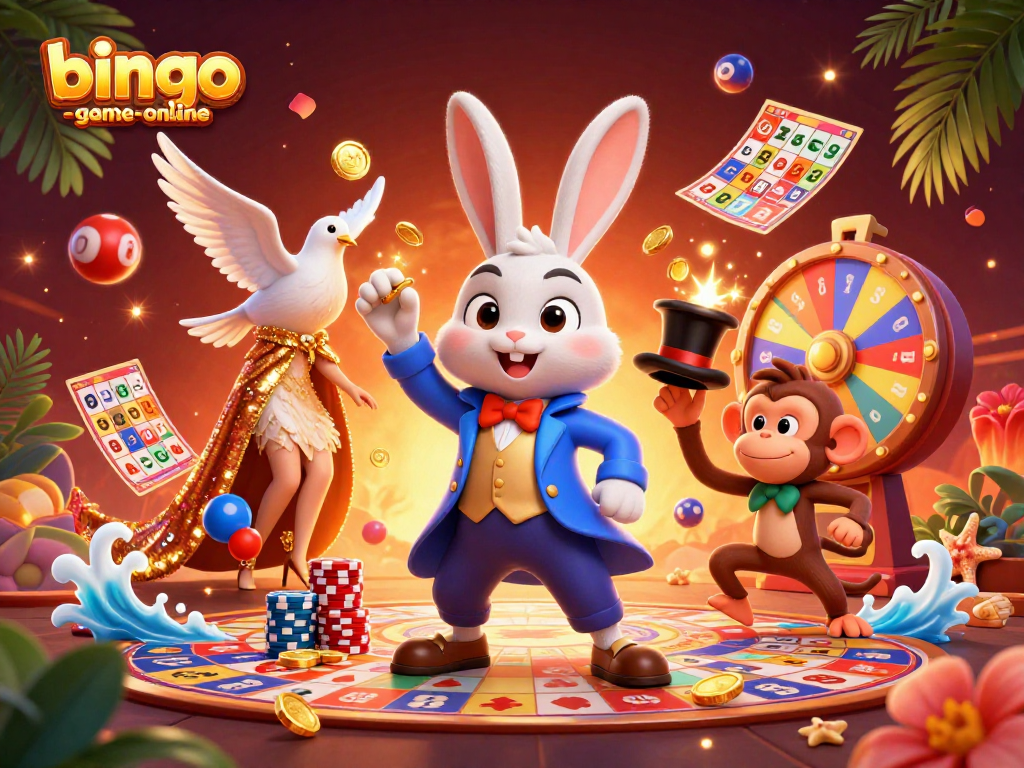 Experience the thrill of bingo-game-online with a lively 3D scene of characters celebrating big wins.