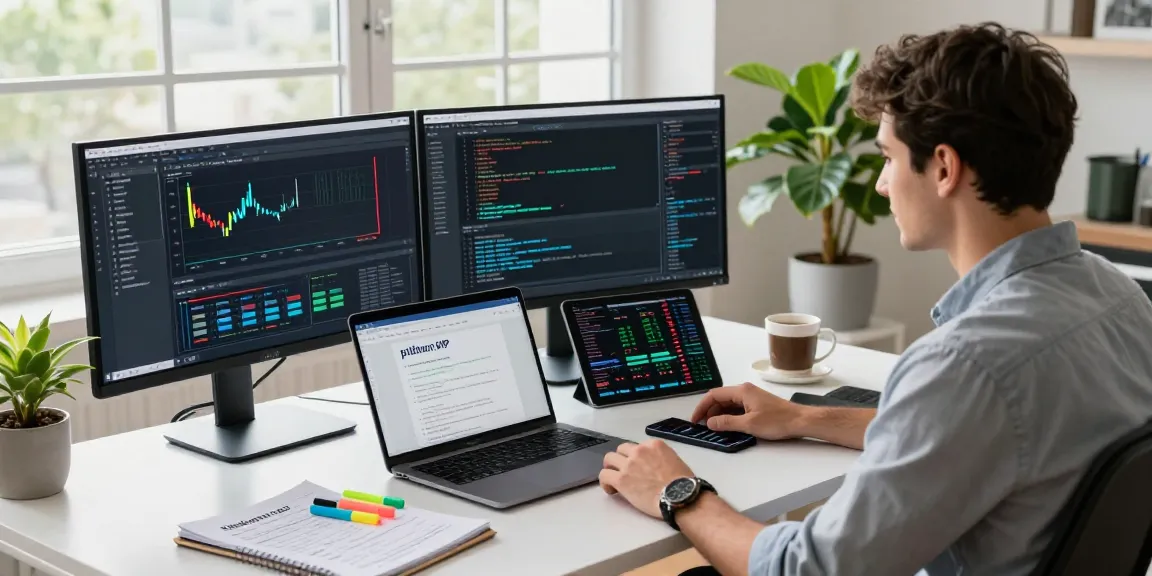 Developer analyzing the platinum live price API in a modern workspace with forex charts displayed.