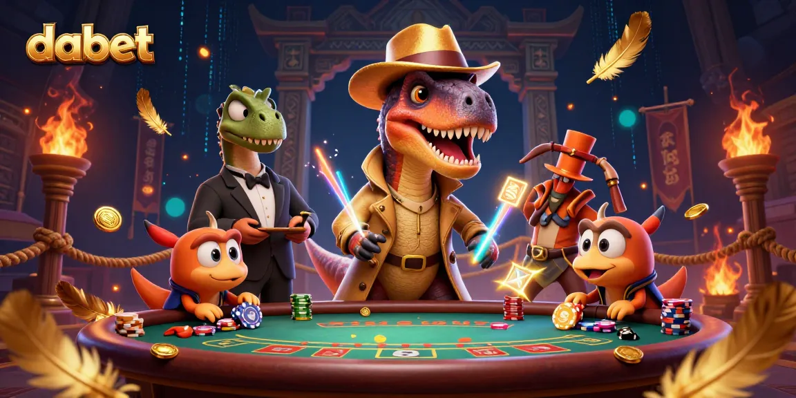Dabet offers immersive casino experiences with cartoon dinosaurs engaging at a blackjack table.
