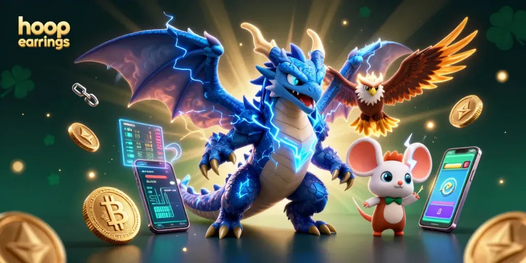 Experience stunning hoop earrings amidst a vibrant casino-themed scene with lively dragons and glowing coins.