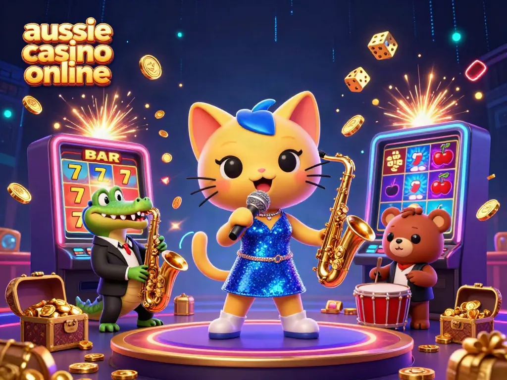Experience the thrills of aussie casino online with cartoon characters and casino elements in a vibrant 3D scene.