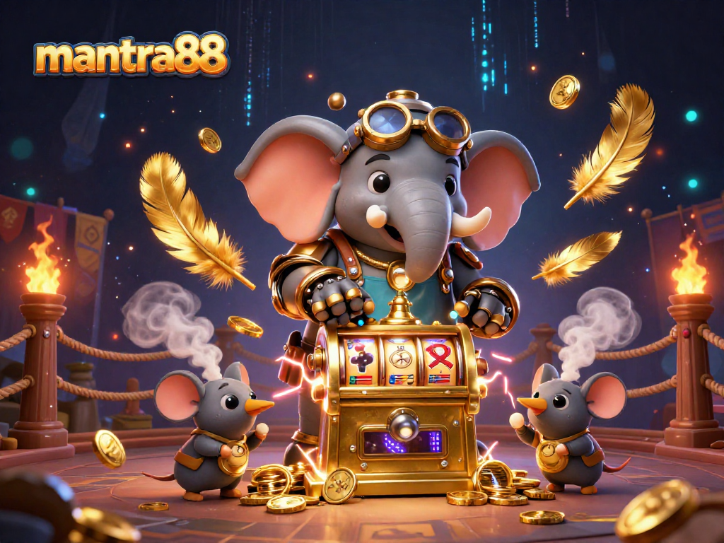 Experience thrilling gameplay at mantra88 with a steampunk elephant operating a golden slot machine amid vibrant casino elements.