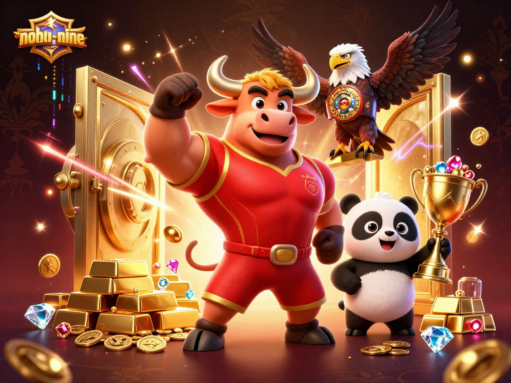 Experience the thrill of nohu-nine with characters celebrating as they uncover treasures and win big.