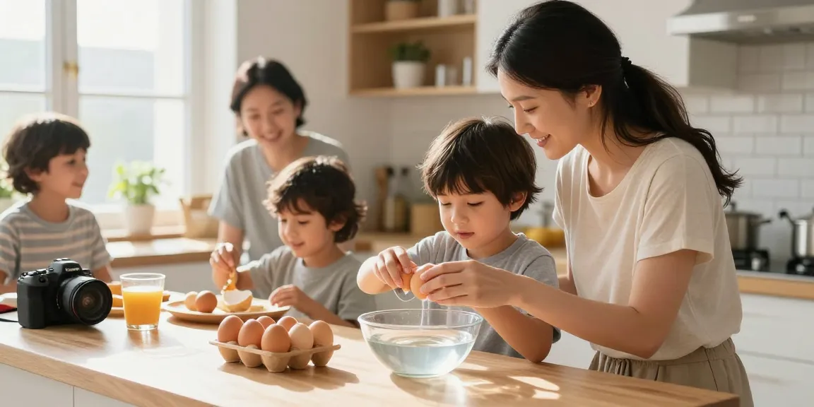 Menggunakan metode Egg Float Test Sumber untuk menguji kesegaran telur bersama keluarga di dapur yang cerah.