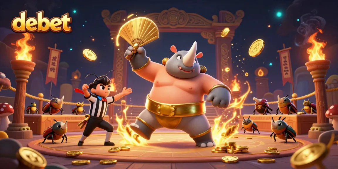 Exciting debet betting scene with animated rhinoceros beetle champions and golden coins.